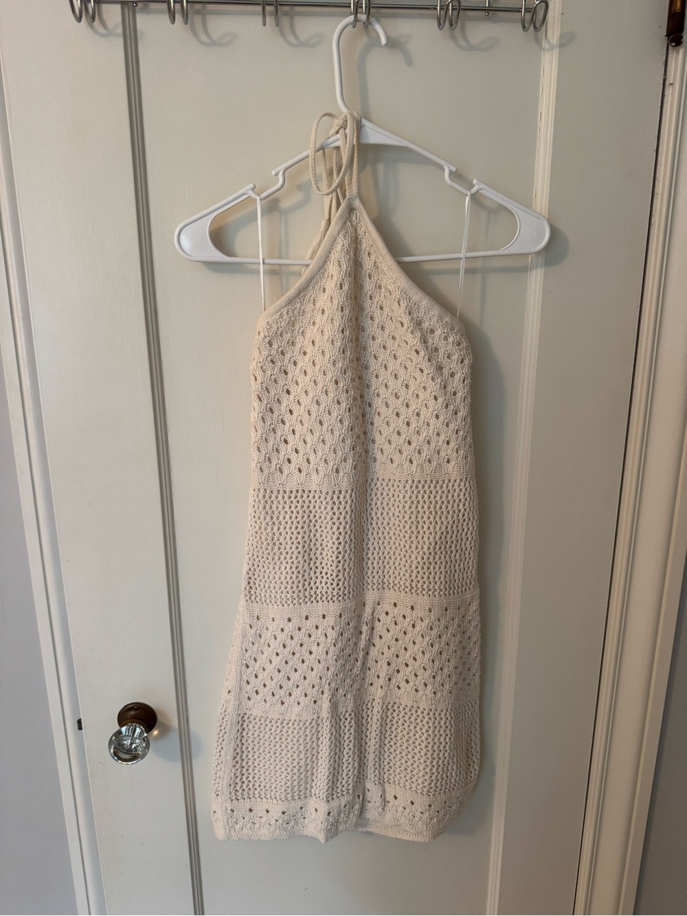Old Navy Cream Crochet Halter Mini Dress